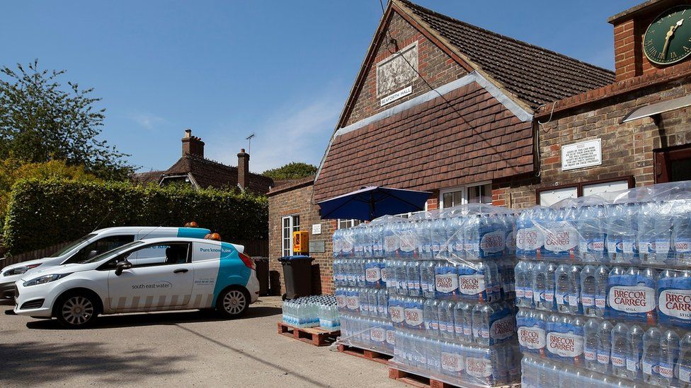 Bottled water at a village hall in West Sussex
