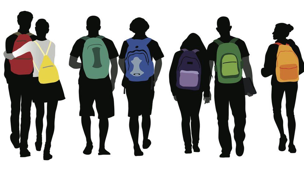 Graphic of students walking wearing rucksacks on their backs