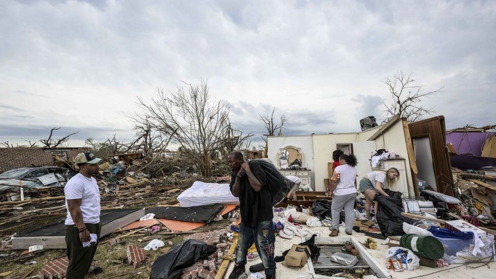 A view of the destruction in Rolling Fork after deadly tornadoes and severe storms tore through the US state of Mississippi, United States on March 26, 2023