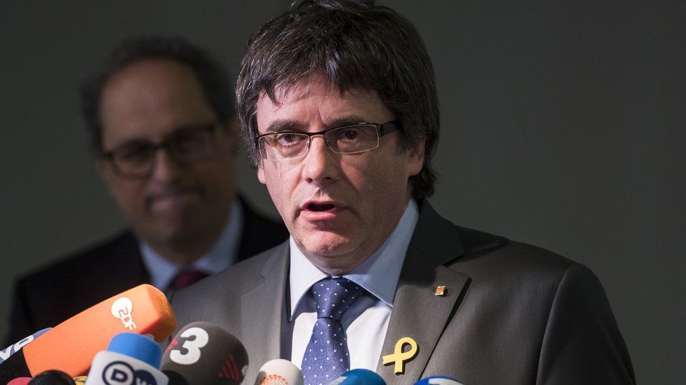 Catalonia's former leader Carles Puigdemont reacts during a news conference in Berlin, Germany, 15 May 2018.