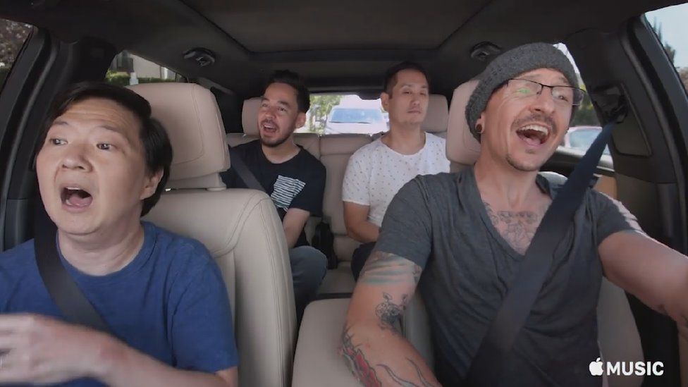 Chester Bennington (front right) in Apple Music's Carpool Karaoke days before his death in July