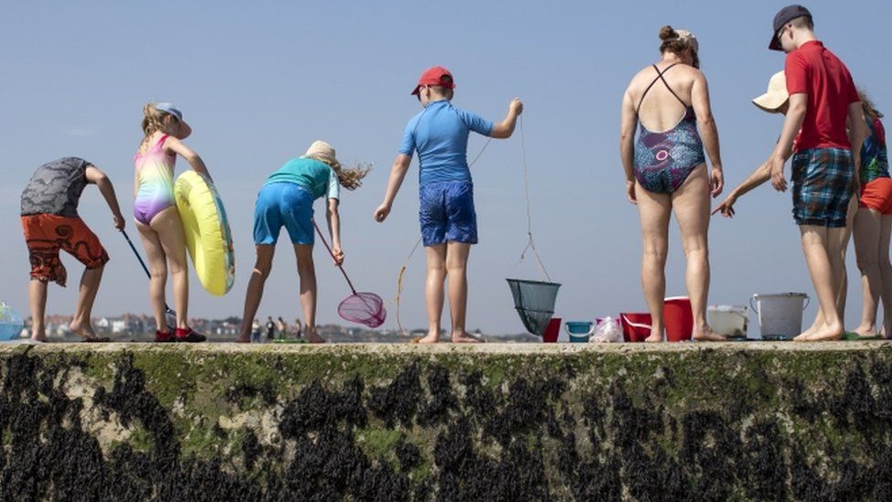 Families fish for crabs from a sea wall in Margate.