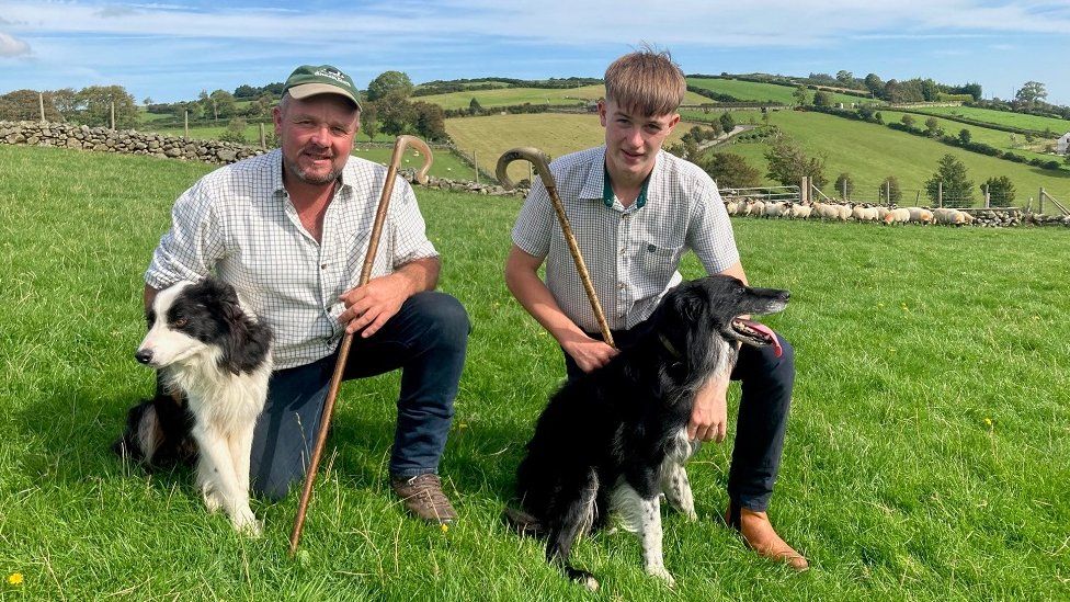 Peter Morgan and his son, Peter Óg Morgan with sheepdogs