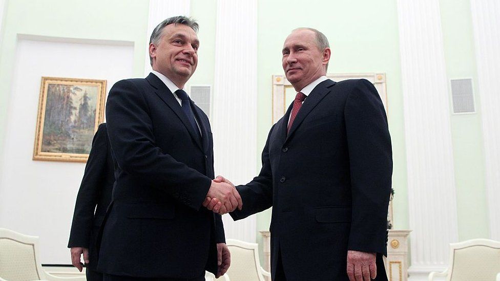 Russian President Vladimir Putin (R) receives Hungarian Prime Minister Viktor Orban (L) in the Kremlin on 31 January 2013