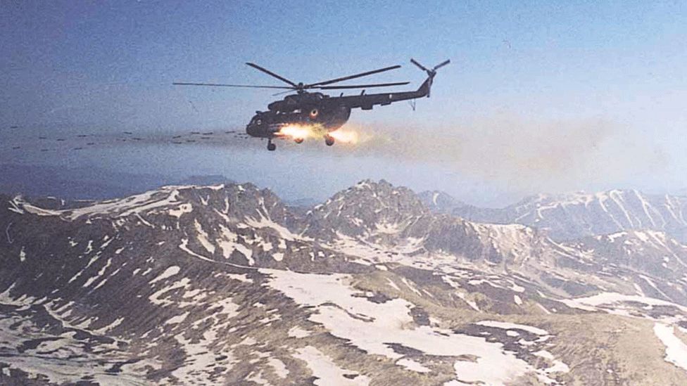An Indian Air Force Mi-17 Helicopter Attacks Pakistan-Backed Guerrilla Positions In The Kargil Sector Of India June 13, 1999.
