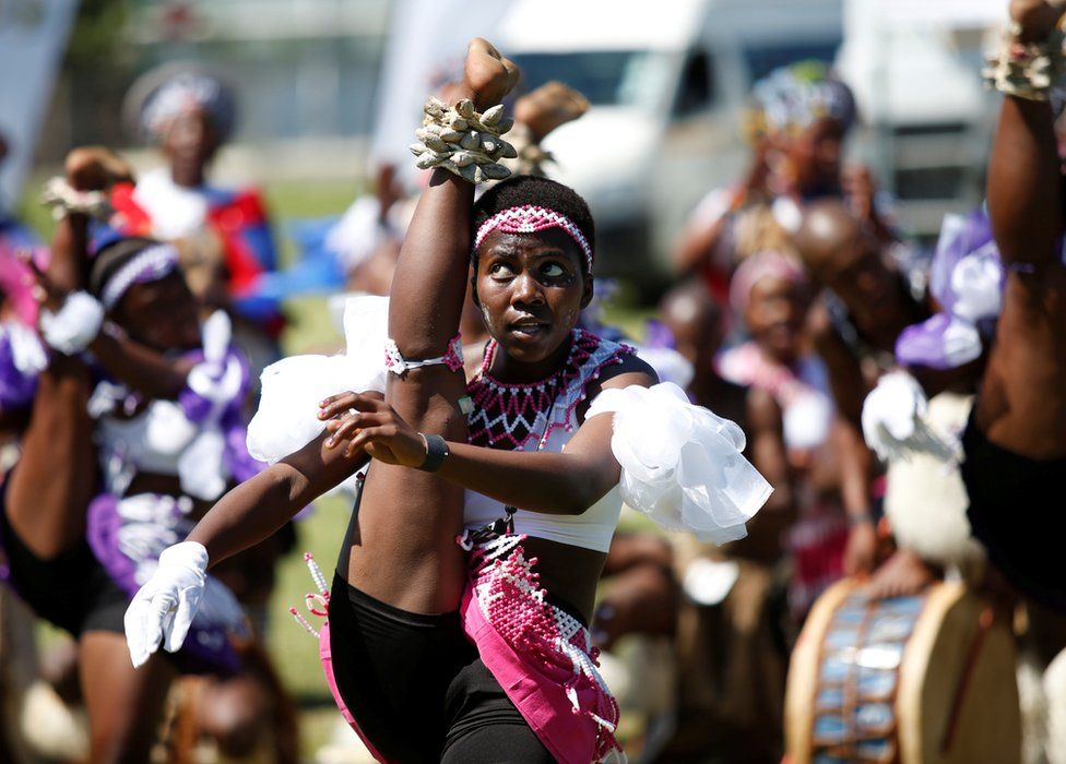 A contest performs in Durban at a Zulu dance competition