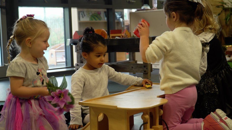 Two and three year olds learning and playing at Flying Start nursery in Lansbury Park