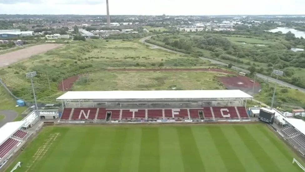 Aerial shot of land behind Northampton Town's unfinished East Stand which is at the centre of a legal dispute
