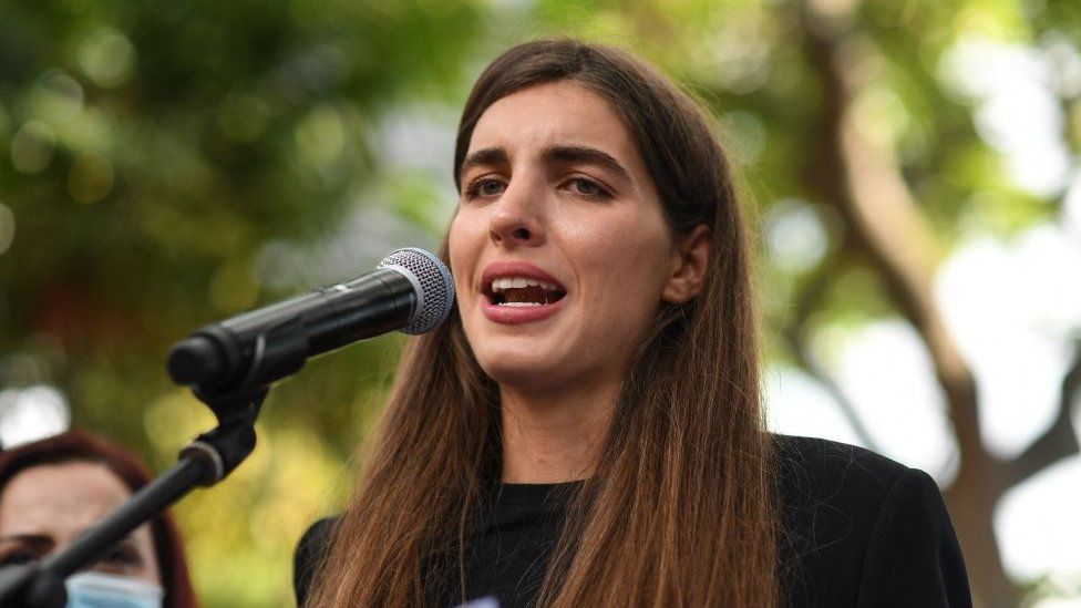 Camilla Fabri, the wife of Colombian businessman Alex Saab, who was extradited to the US, speaks during a demonstration demanding his release, at the Bolivar square in Caracas, on October 17, 202