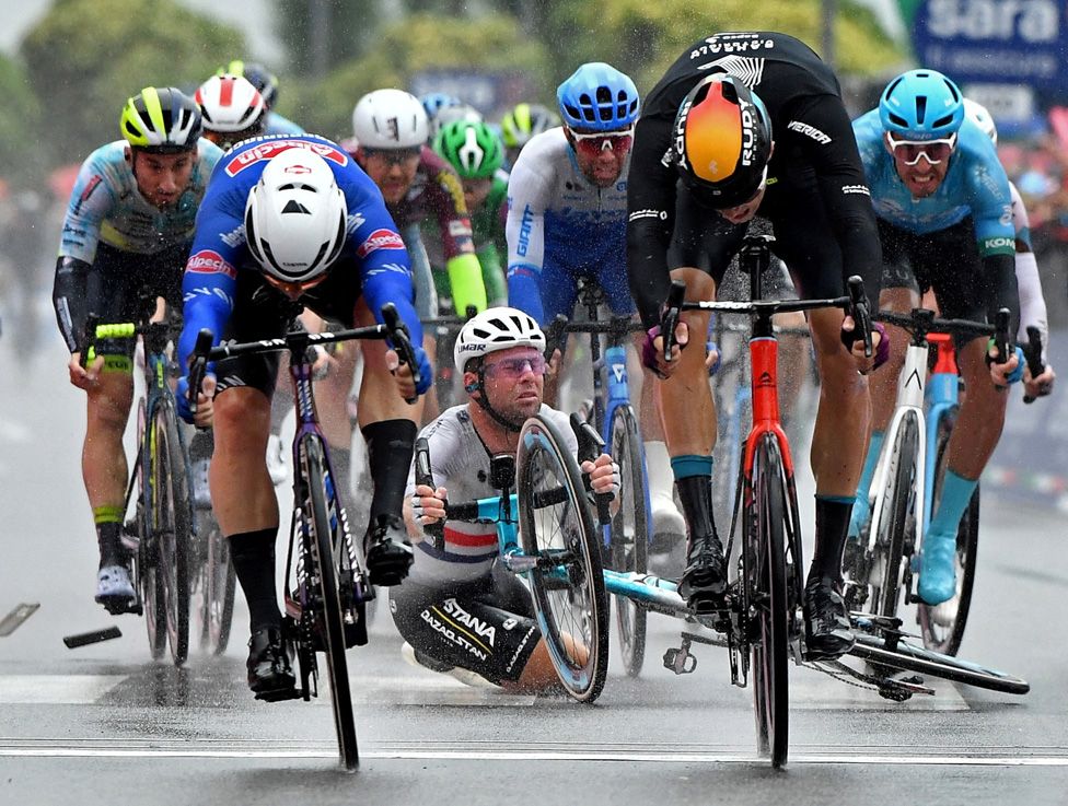 Astana Qazaqstan Team's Mark Cavendish crashes before Alpecin-Fenix's Kaden Groves wins stage 5