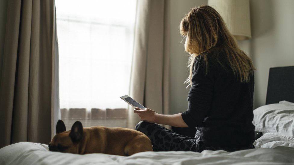 woman looking at a tablet, dog on bed