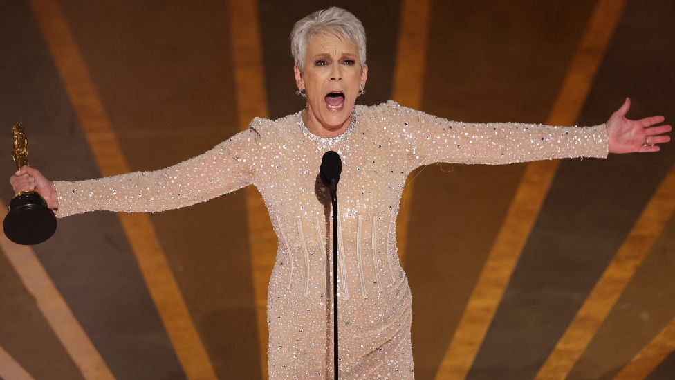 Jamie Lee Curtis wins the Oscar for Best Supporting Actress for "Everything Everywhere All at Once" during the Oscars show at the 95th Academy Awards in Hollywood, Los Angeles, California
