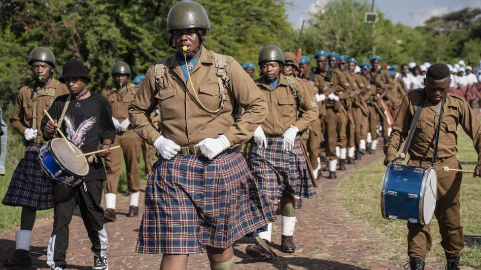People wearing similar clothes of soldiers during World War One, deliver various performance during the Diturupa Festival in Mabopane township of Gauteng, South Africa - Tuesday 2 January 2024