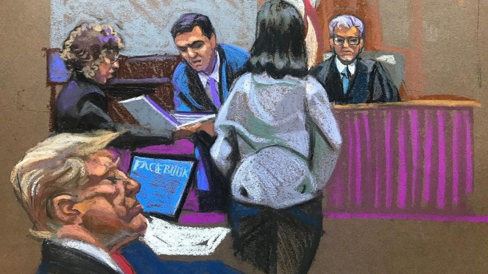 In this court sketch, former President Donald Trump, bottom left, sits in court during the second day of jury selection in his criminal hush money trial in Manhattan Criminal Court in New York on Tuesday, April 16, 2024.