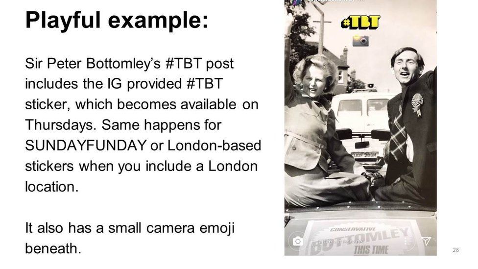 Slide: "playful example", Sir Peter Bottomley and Margaret Thatcher campaigning