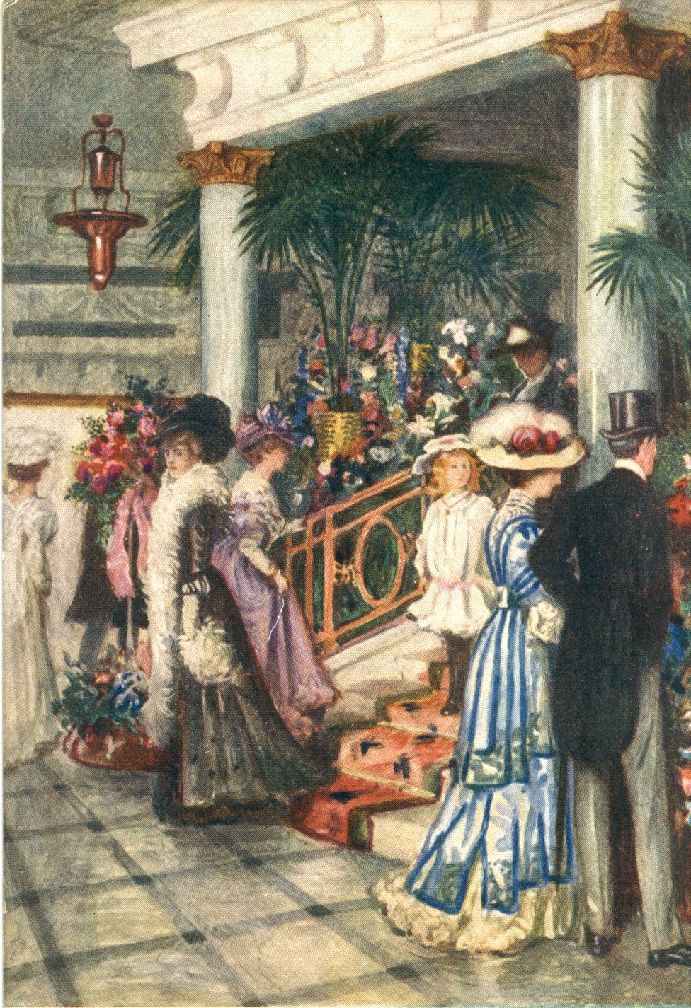 A colourful postcard showing shoppers in a Debenhams store