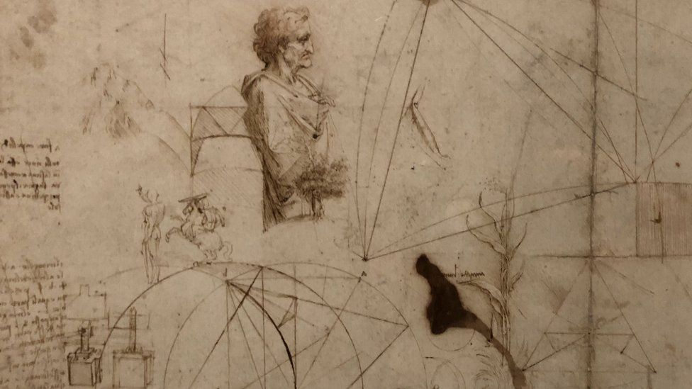 A drawing by Leonardo da Vinci, pen and brown ink on paper, created circa 1490 and on loan from The Royal Collection