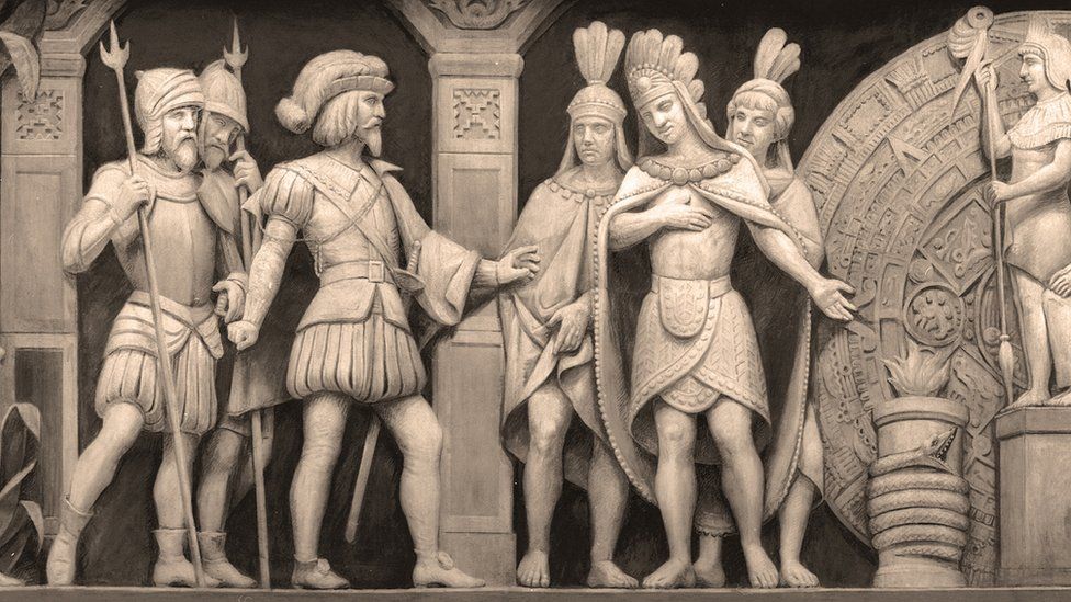Cortés and Montezuma at a Mexican temple (detail from the frieze in the Rotunda of the United States Capitol)