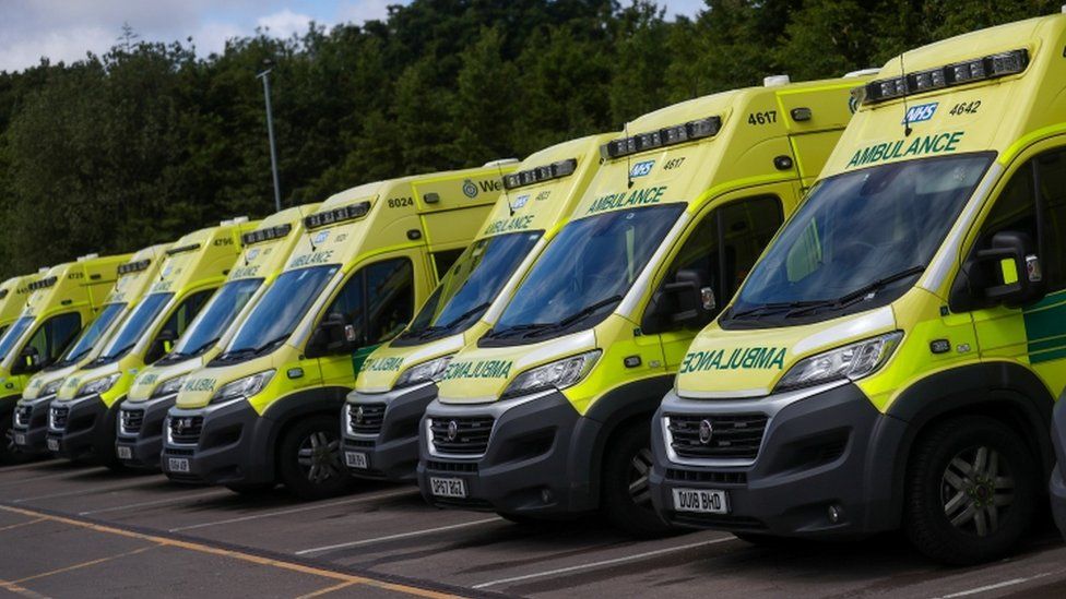 A row of West Midlands Ambulances