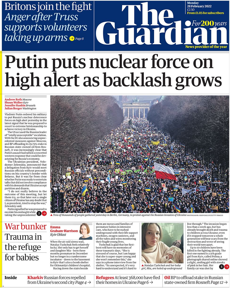 Первая страница The Guardian 28 февраля 2022 г.