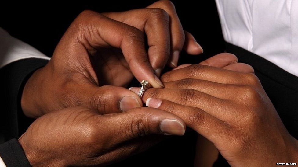 Man putting engagement ring on woman's finger