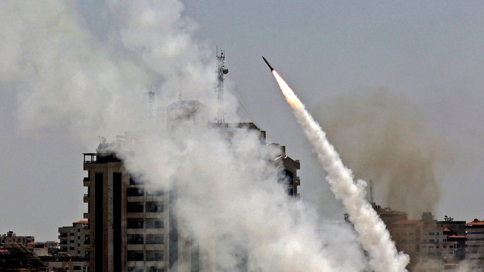 A rocket is fired by Palestinian militant from Gaza City towards Israel on 11 May 2021