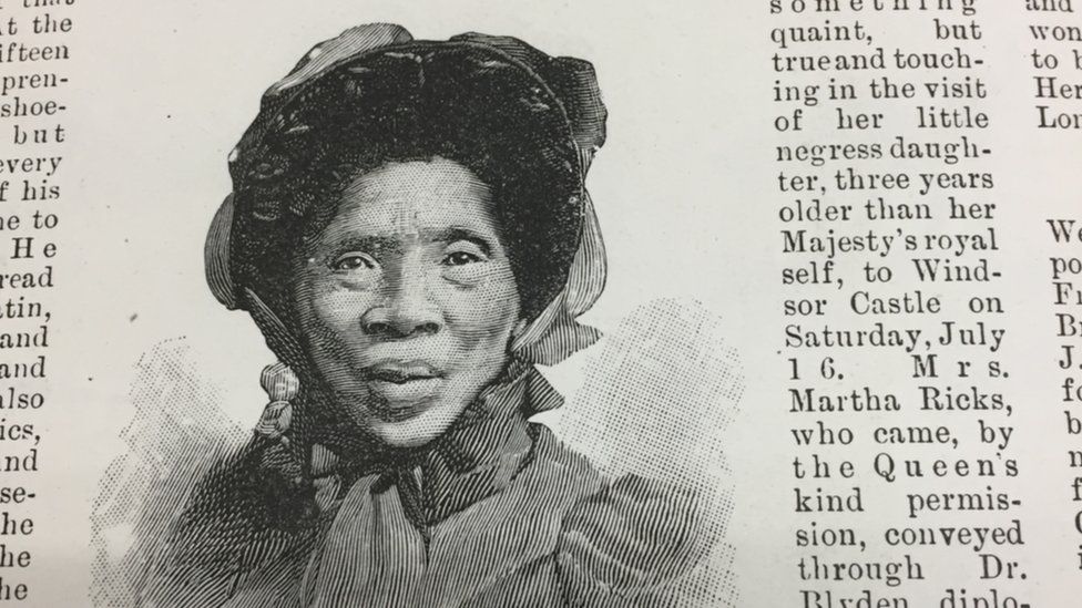 Line drawing of former slave Martha Hicks in a newspaper