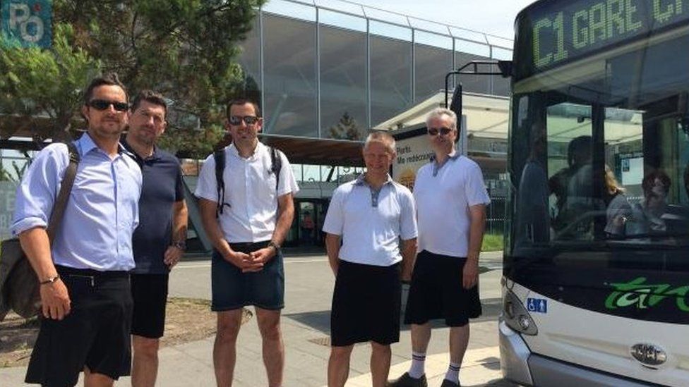 Bus drivers in France wearing skirts in protest