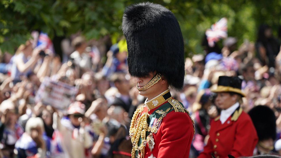 Prince William riding in full uniform and bearskin hat at the Platinum Jubilee Trooping the Colour ceremony