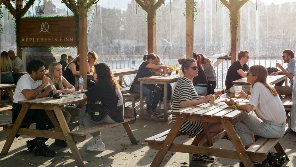 Small groups of people sitting with tables placed at safe distances at a pub in Waterloo, London