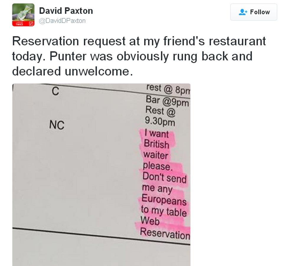 David Paxton restaurant tweet