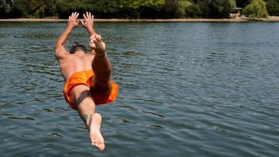 Man jumping into pond