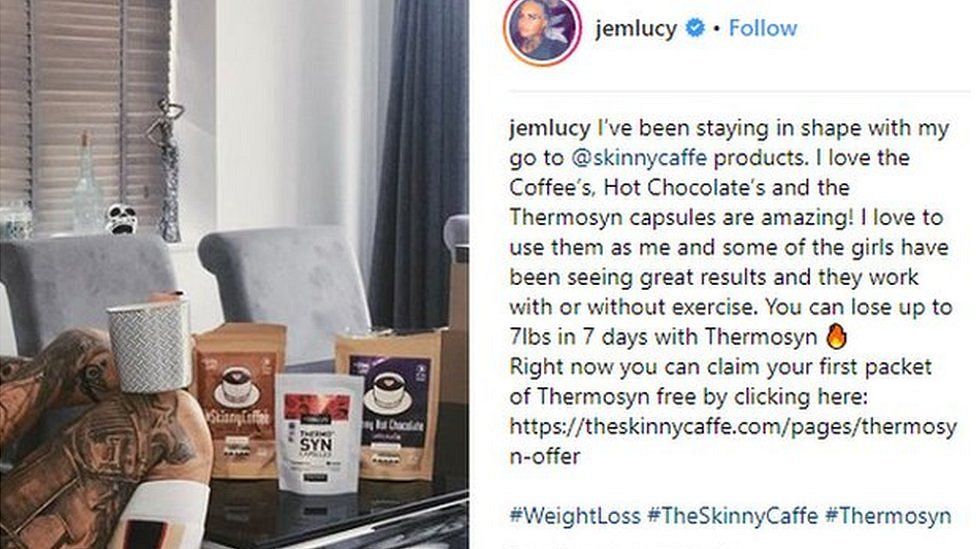 Jemma Luxy posing with weight loss coffee in an Instagram post