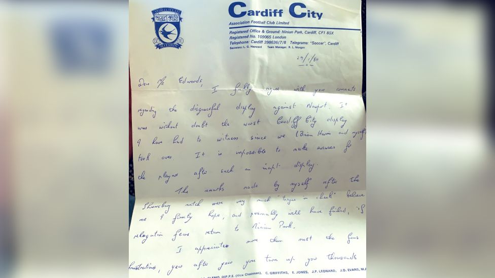 A handwritten letter from Richie Morgan in response to Cardiff City fan Peter Edwards