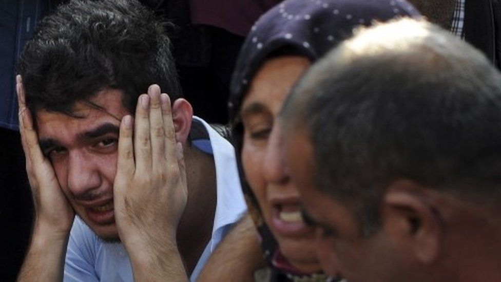 Relatives of people wounded at the explosions in Ankara, Turkey, react as they wait news for their loved ones outside a hospital (10 October 2015)