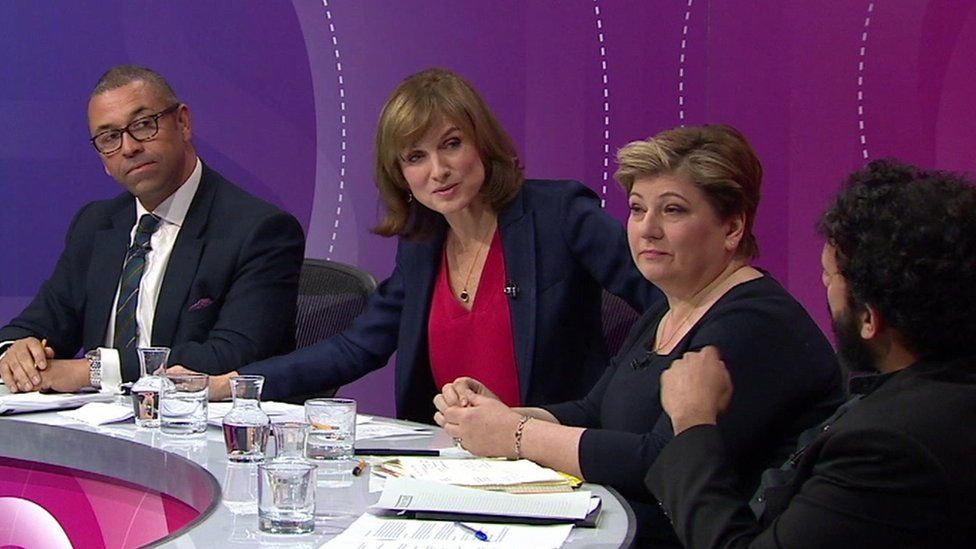 Fiona Bruce with James Cleverly, Emily Thornberry and Nish Kumar
