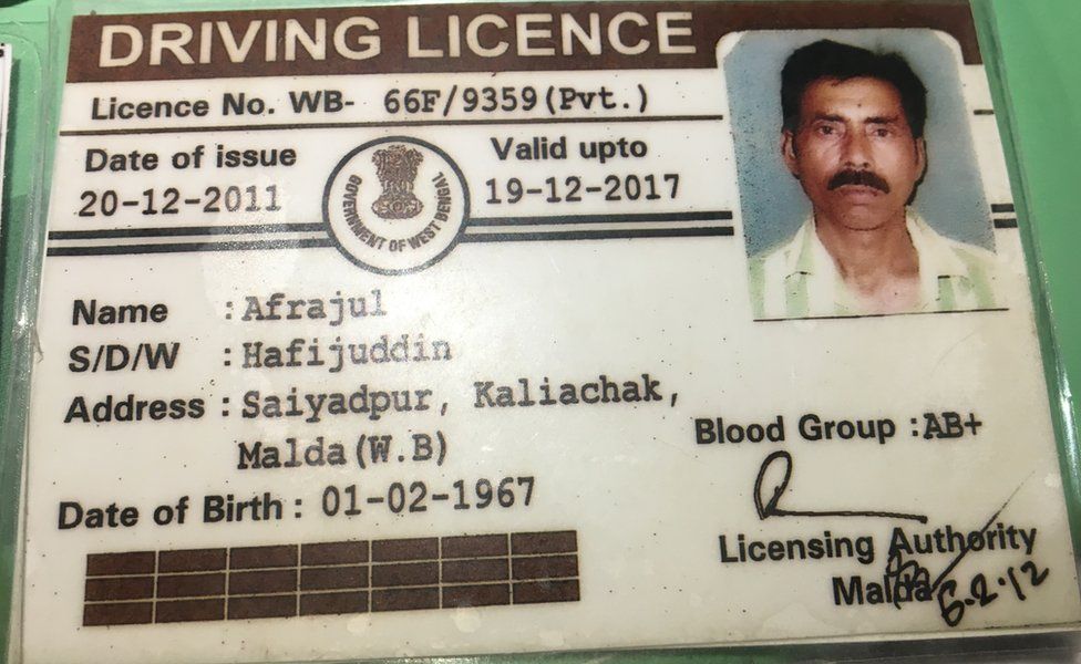 The driving license of Mohammed Afrajul, the victim