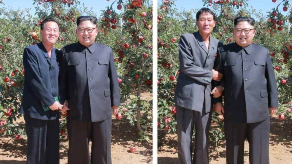 These show individual photos Kim Jong Un took with fruit farmers showing both arm locking and hand holding