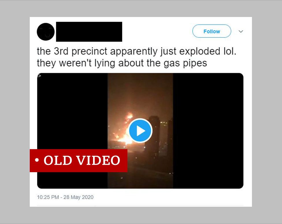 Screenshot of a Tweet falsely claiming that the video shows a US police precinct on fire. We labelled it "old video".