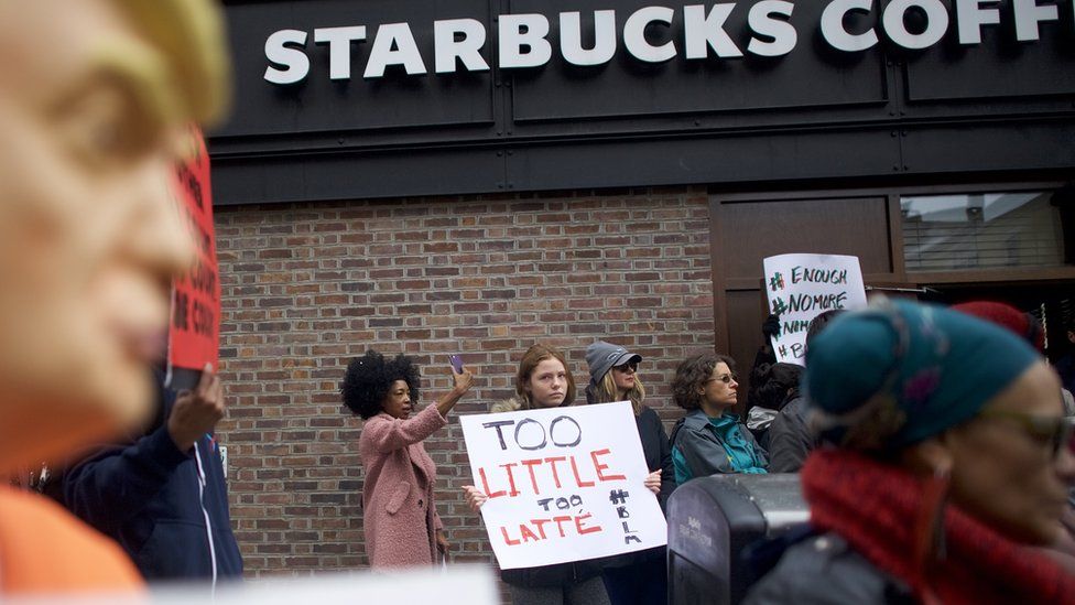 Demonstrations outside a Starbucks in Philadelphia, Pennsylvania, after police arrested two black men who were waiting inside, 15 April 2018