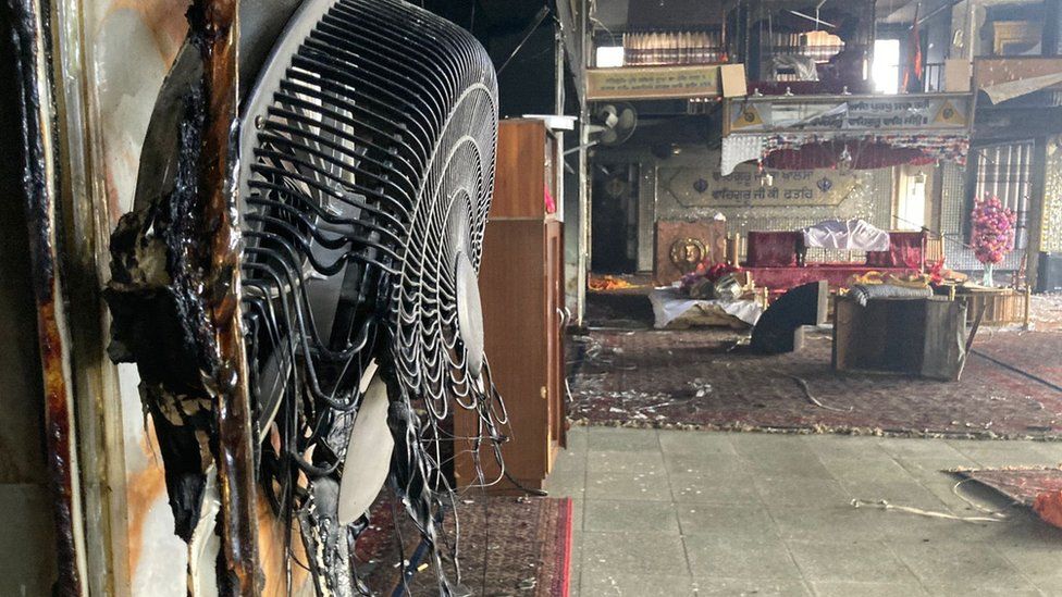 A melted fan inside the Gurdwara after the attack