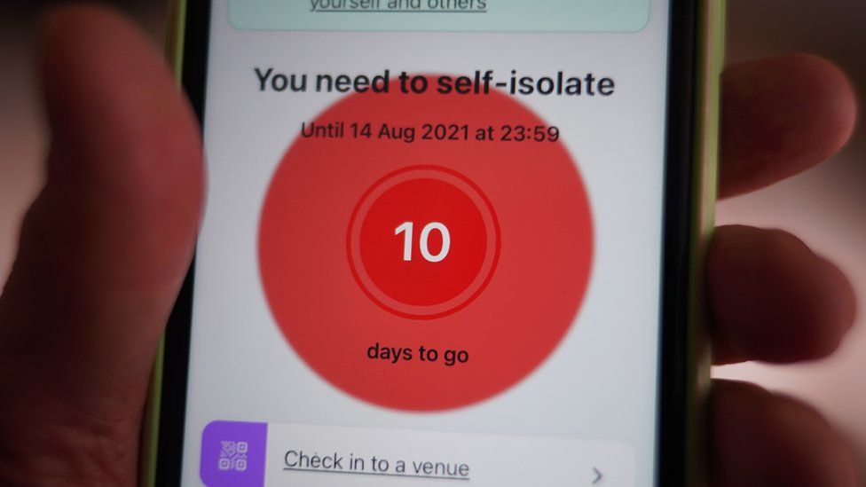 The Covid-19 app used in England, showing an indication that the recipient needs to self-isolate for 10 days