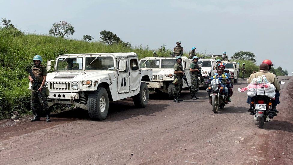 Peacekeepers secure the scene where the Italian ambassador to Democratic Republic of Congo, Luca Attanasio, was killed in Ruhimba village