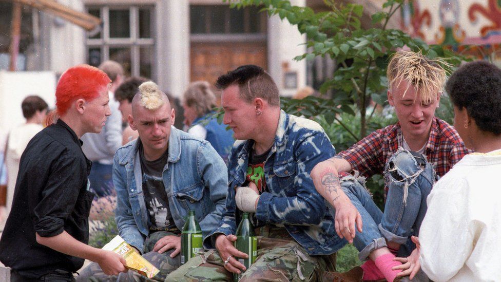 Punks chatting in Peterborough city centre