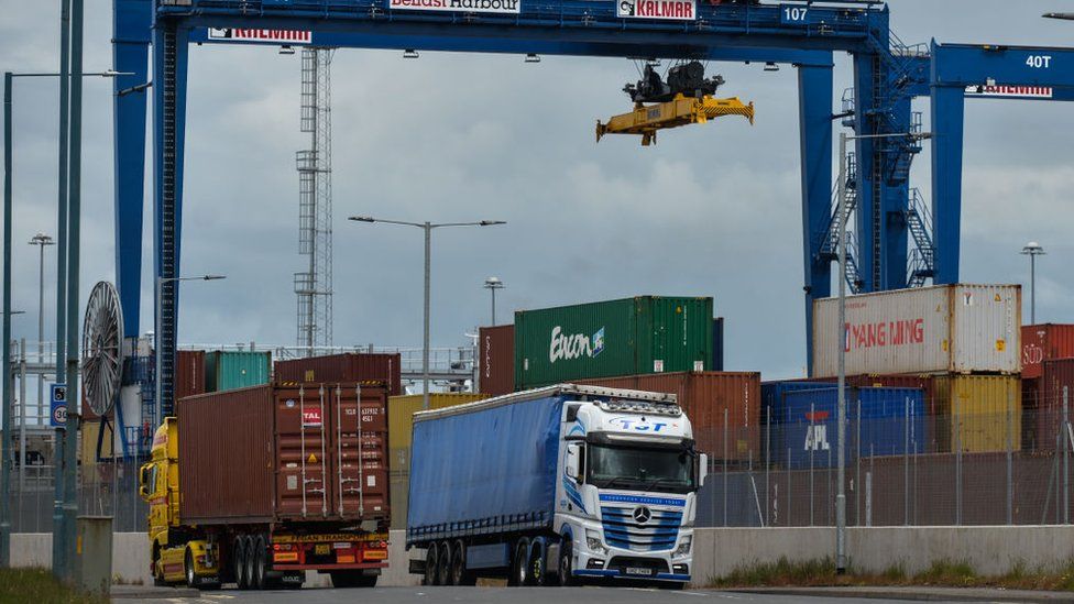 Lorries disembarking from a ferry in Larne, Northern Ireland