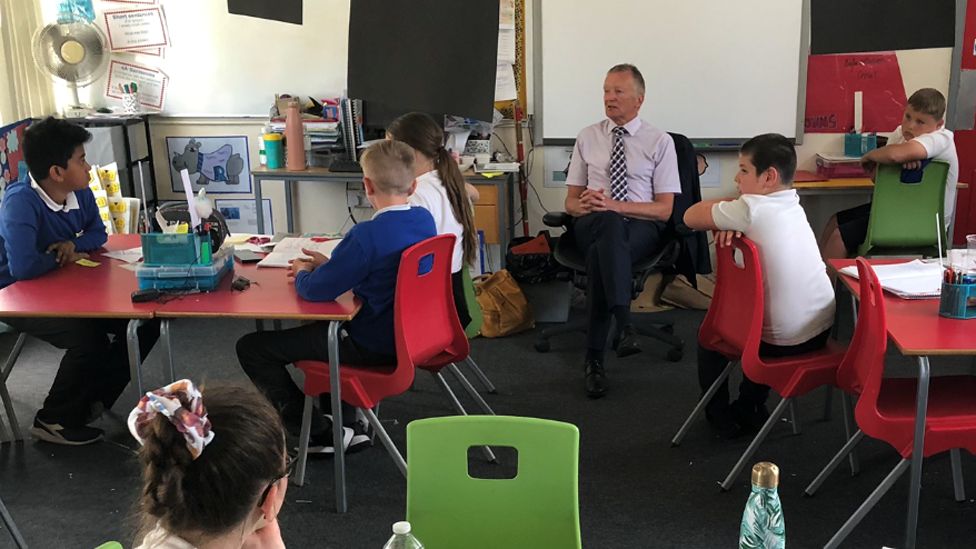Dr Sir Frank Atherton took questions from pupils at a primary school in Newport