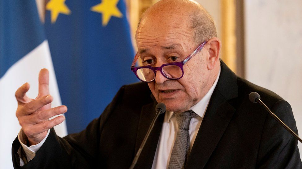 French Foreign Affairs Minister Jean-Yves Le Drian speaks during a news conference with U.S. Secretary of State Antony Blinken at the French Ministry of Foreign Affairs in Paris, France, June 25, 2021.