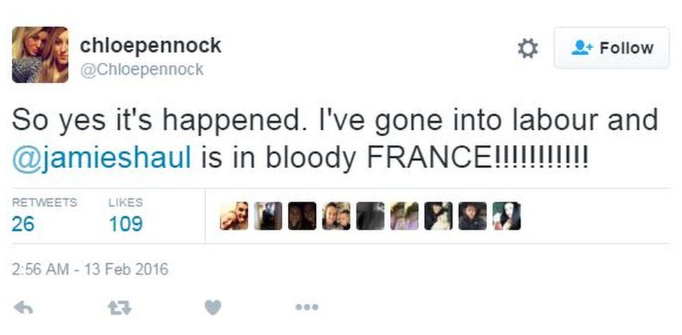Chloe Pennock tweet: "So yes it's happened. I've gone into labour and @jamieshaul is in bloody FRANCE!!!!!!!!!!!"