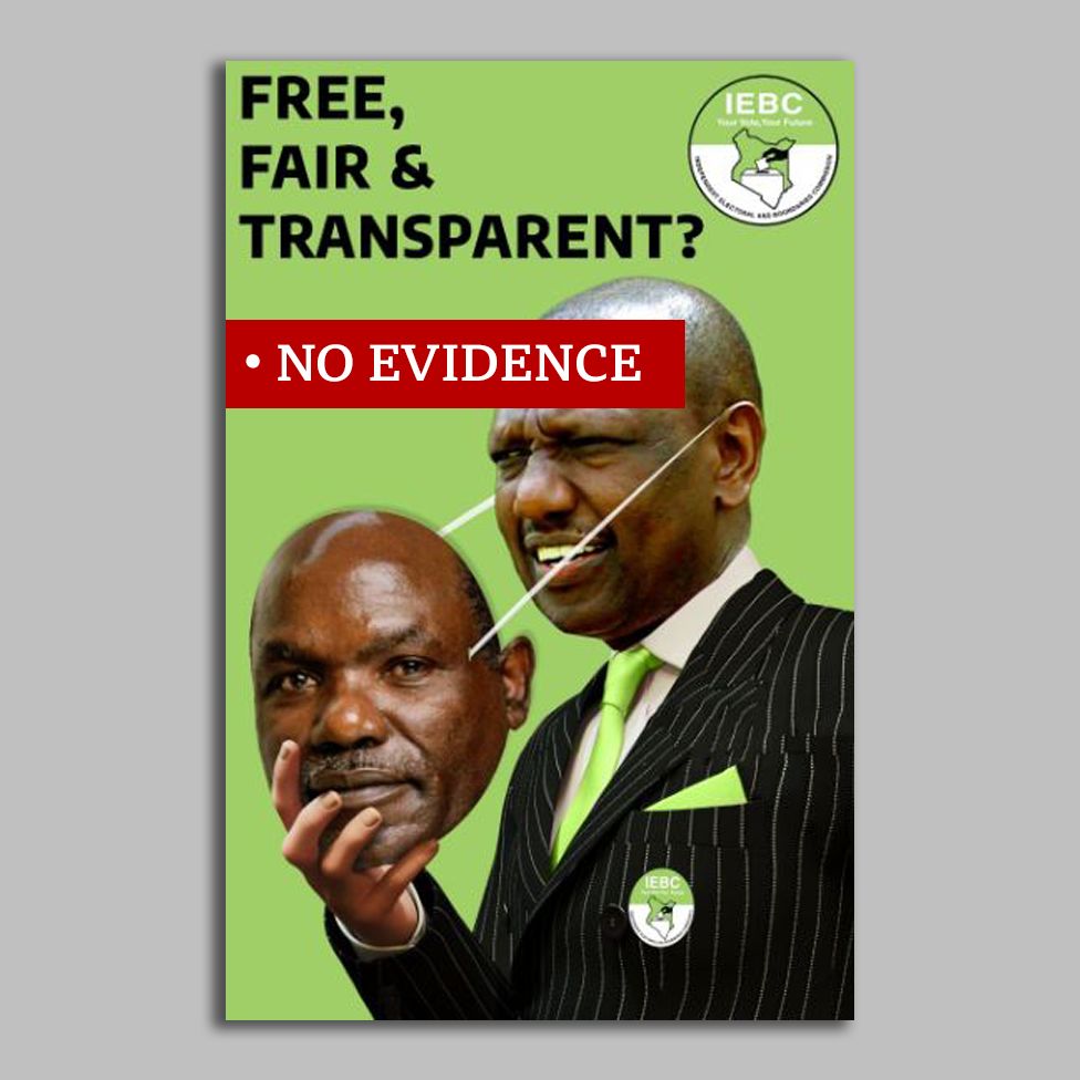 Image shows William Ruto removing a mask of the IEBC chairman. Labelled "no evidence"