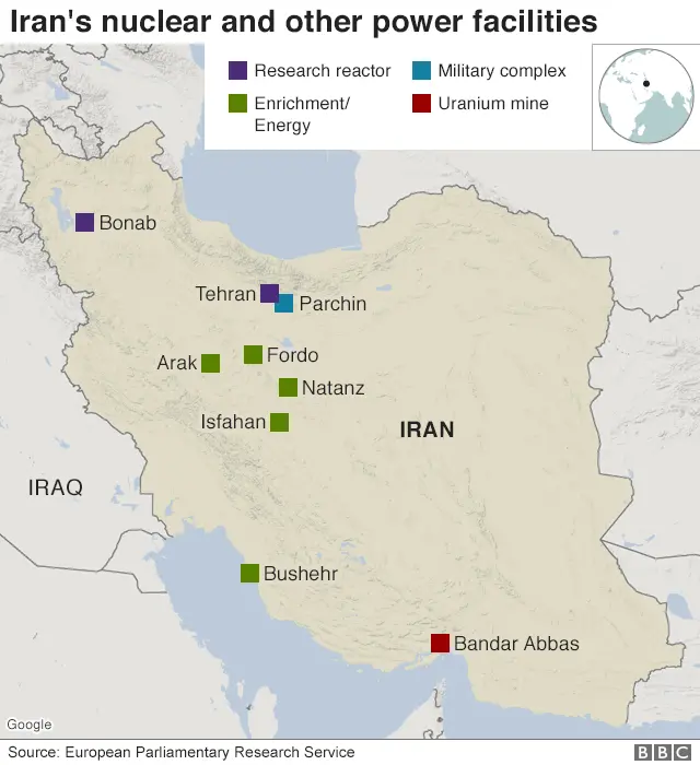 Map showing Iran's nuclear and power facilities.